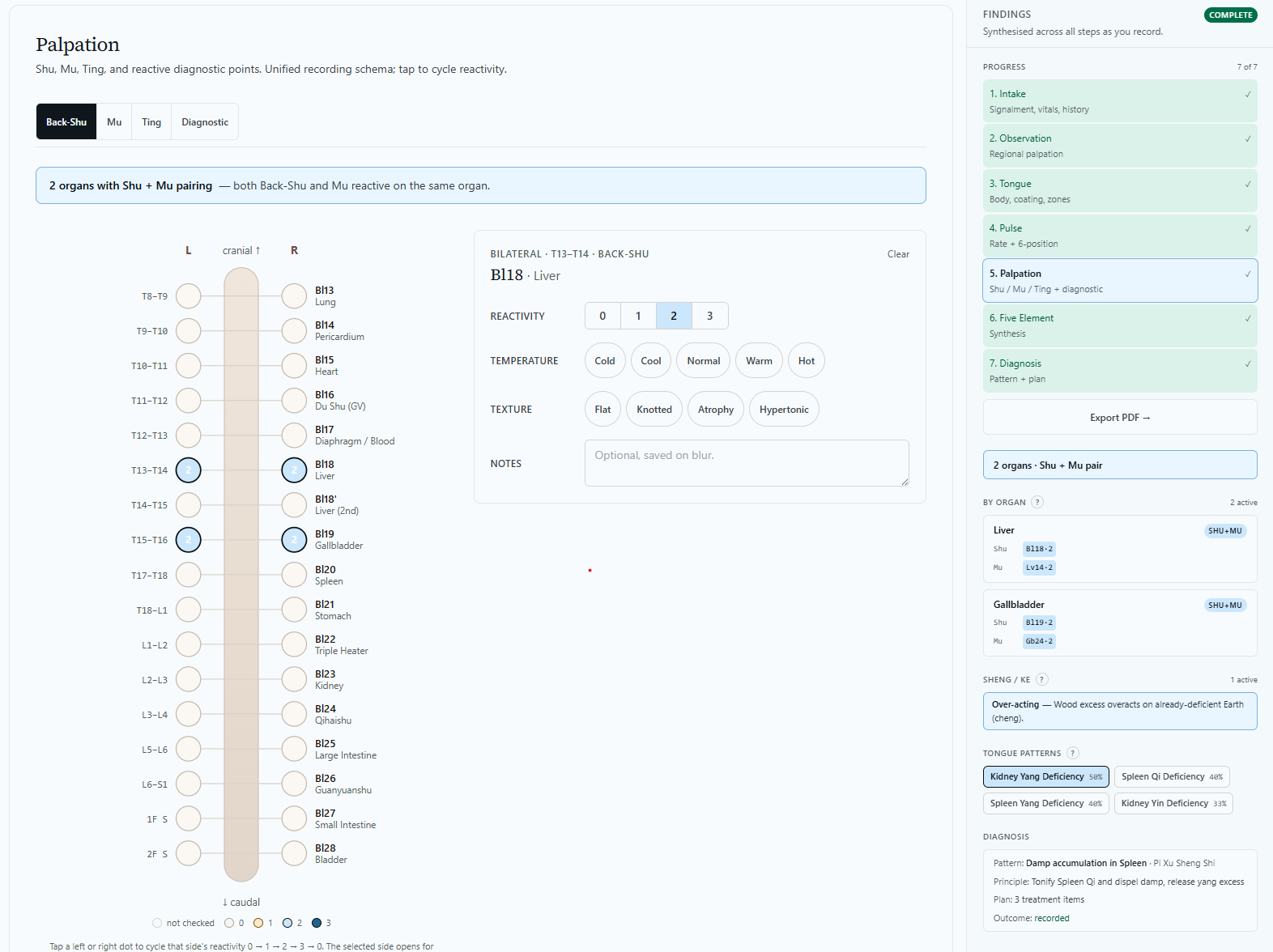 AnimaChart in the browser: an exam step on the left with the findings panel permanently docked as a right-hand rail — organ rollups, Sheng/Ke disturbances and a diagnosis snapshot.