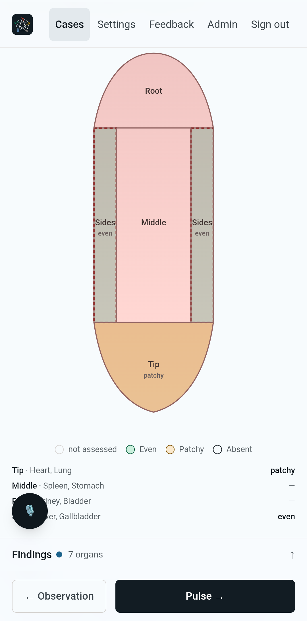AnimaChart's tongue step: a four-zone tongue diagram with global qualities.